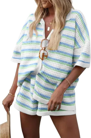 Yimoon Womens Striped Knit Pajama Set Short Sleeve Button Shirt Matching Shorts 2 Piece Outfits Crochet Lounge Set