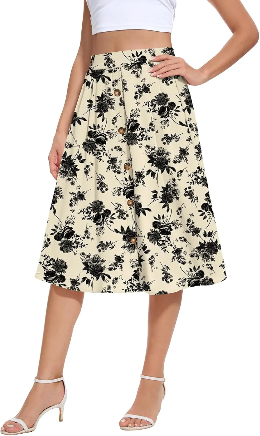 Yincro Women's Flowy Midi Skirt Summer Pleated High Waisted Casual Button Front Skirts with Pockets