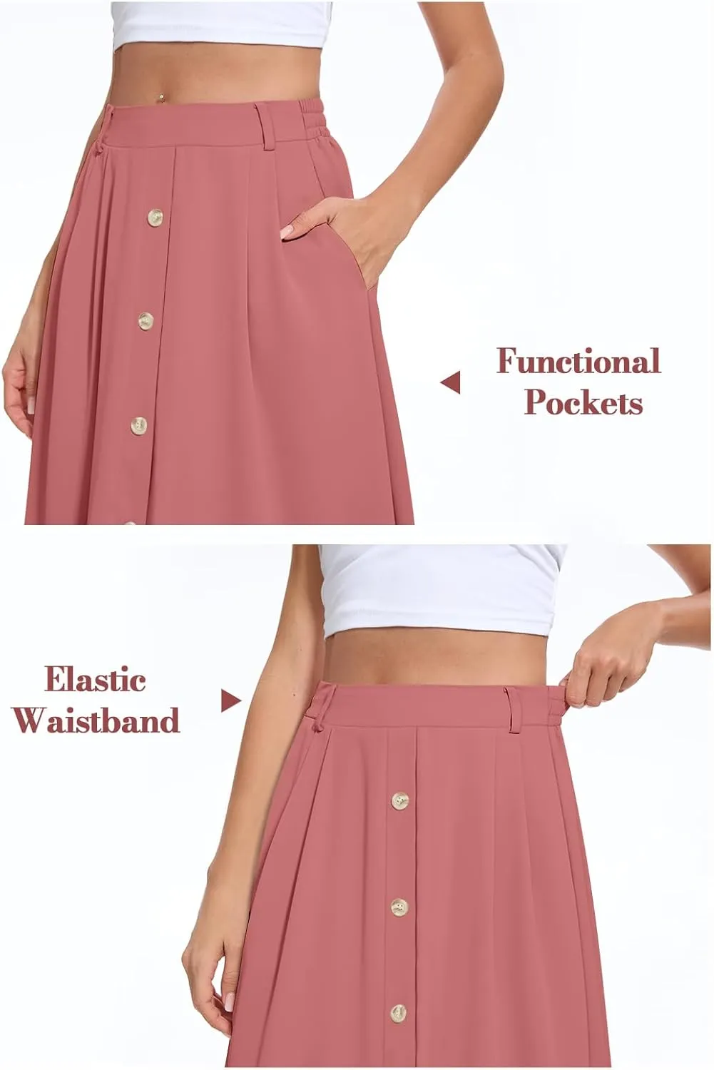 Yincro Women's Flowy Midi Skirt Summer Pleated High Waisted Casual Button Front Skirts with Pockets