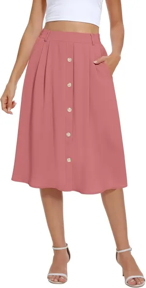 Yincro Women's Flowy Midi Skirt Summer Pleated High Waisted Casual Button Front Skirts with Pockets