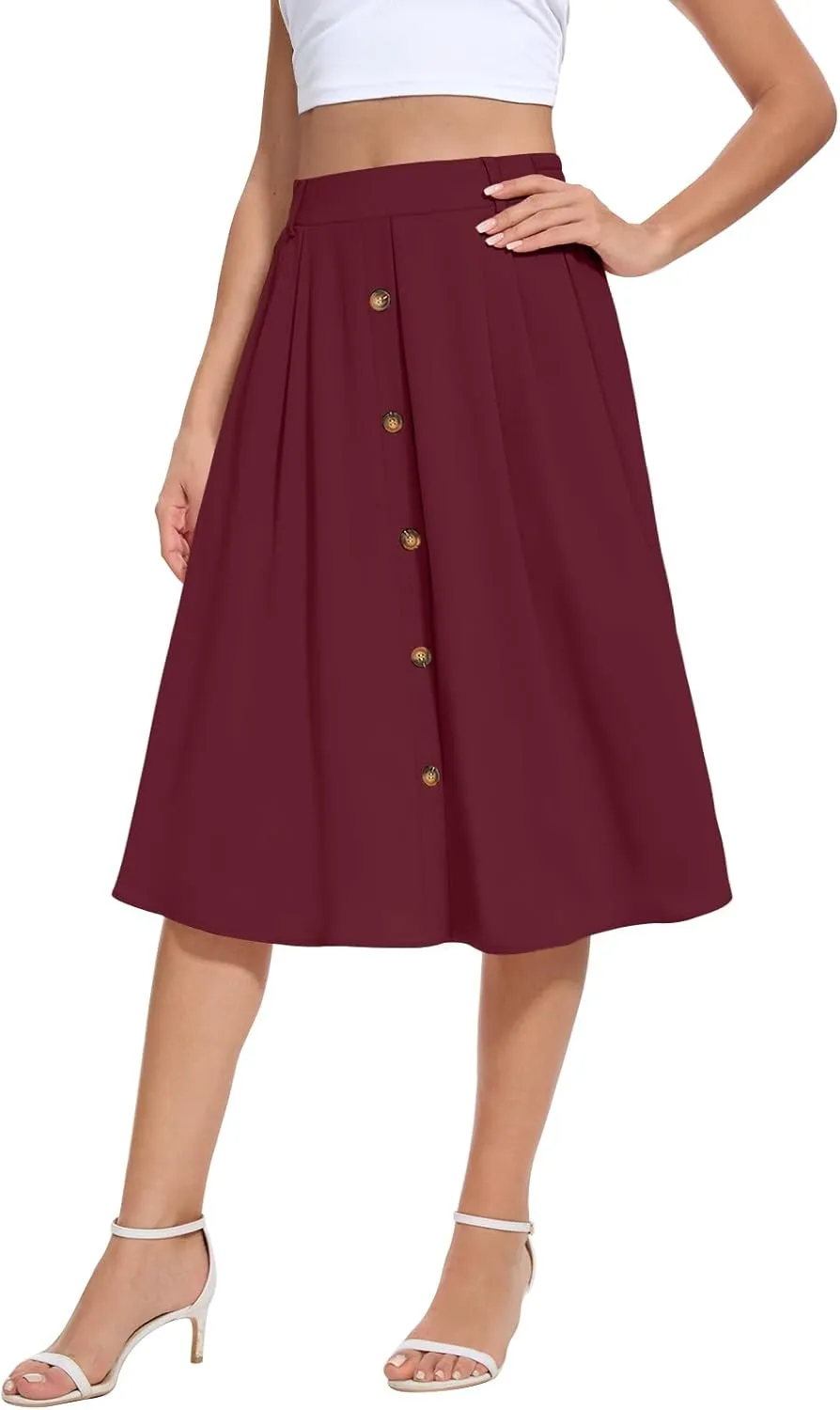 Yincro Women's Flowy Midi Skirt Summer Pleated High Waisted Casual Button Front Skirts with Pockets