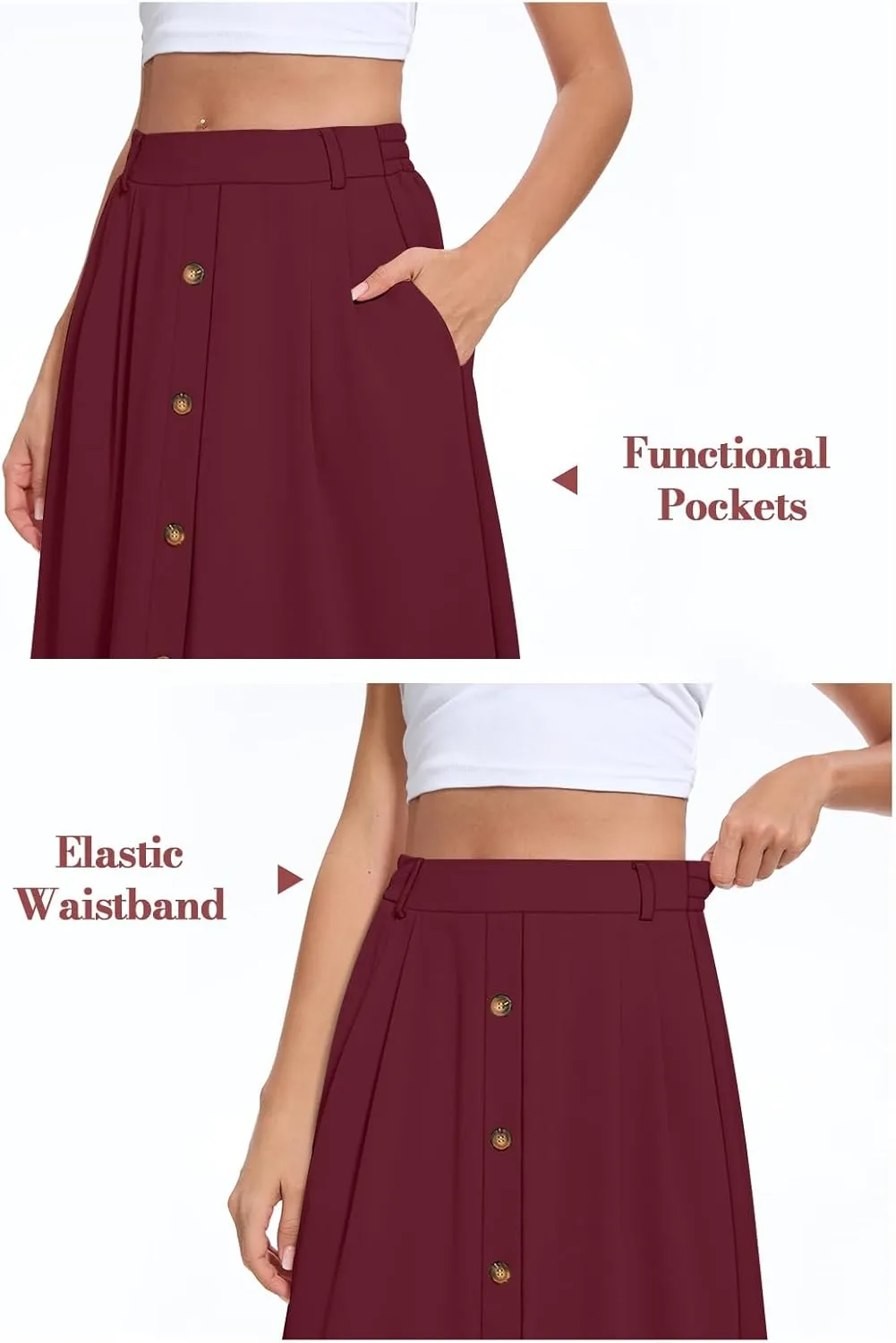 Yincro Women's Flowy Midi Skirt Summer Pleated High Waisted Casual Button Front Skirts with Pockets