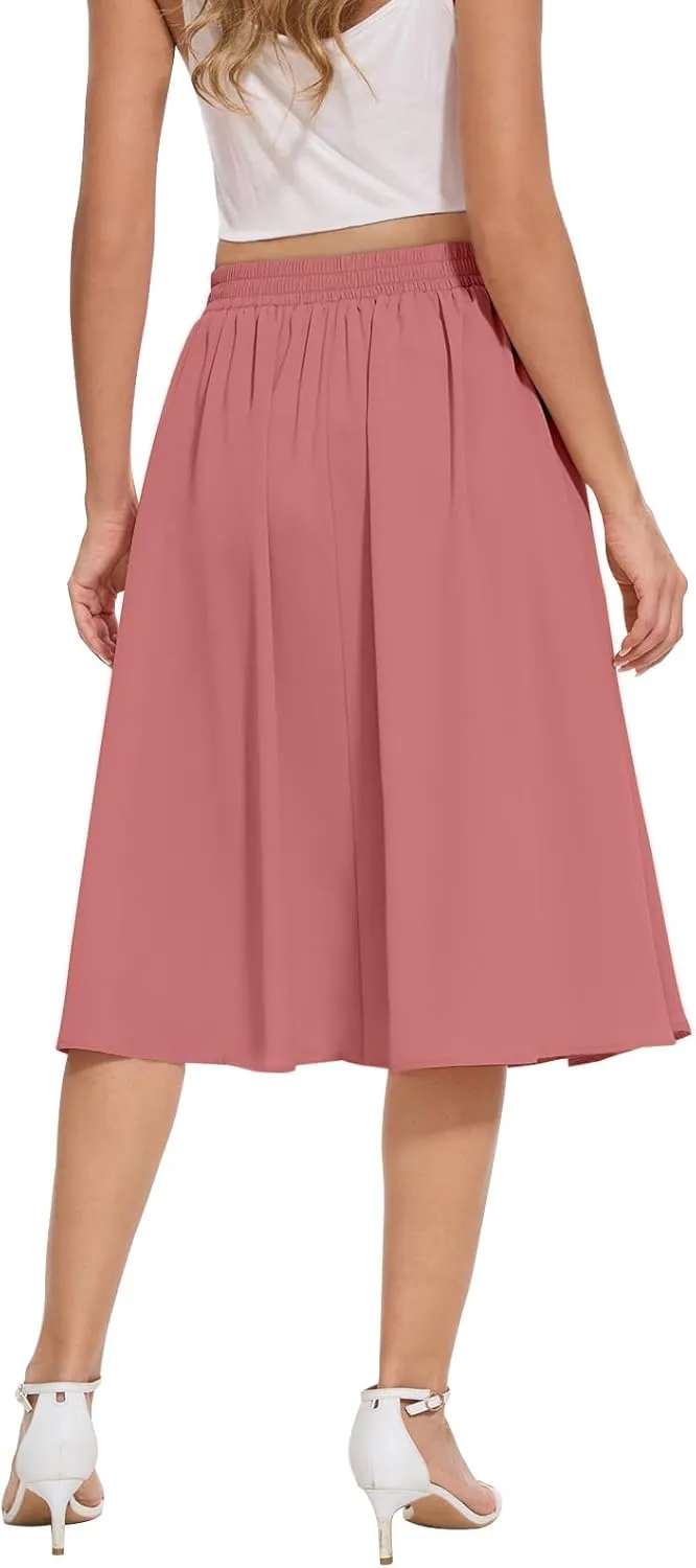 Yincro Women's Flowy Midi Skirt Summer Pleated High Waisted Casual Button Front Skirts with Pockets