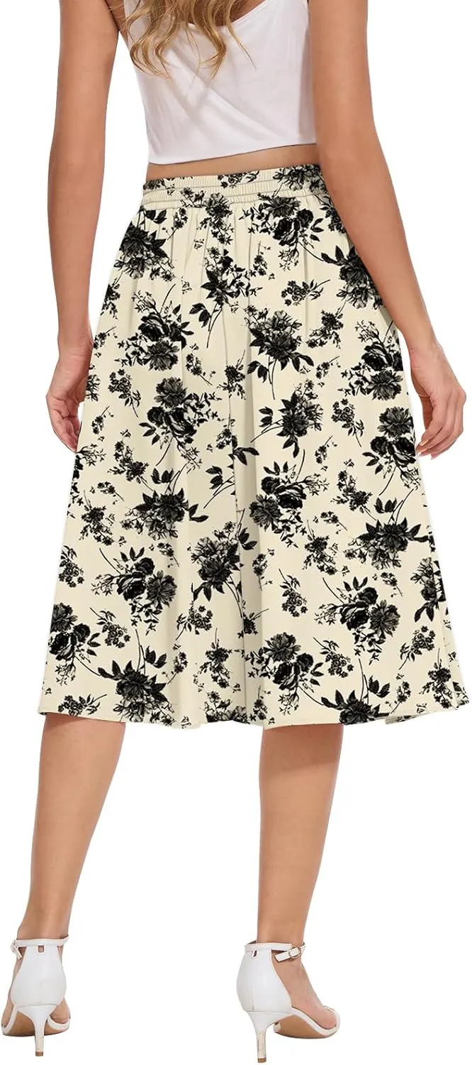 Yincro Women's Flowy Midi Skirt Summer Pleated High Waisted Casual Button Front Skirts with Pockets