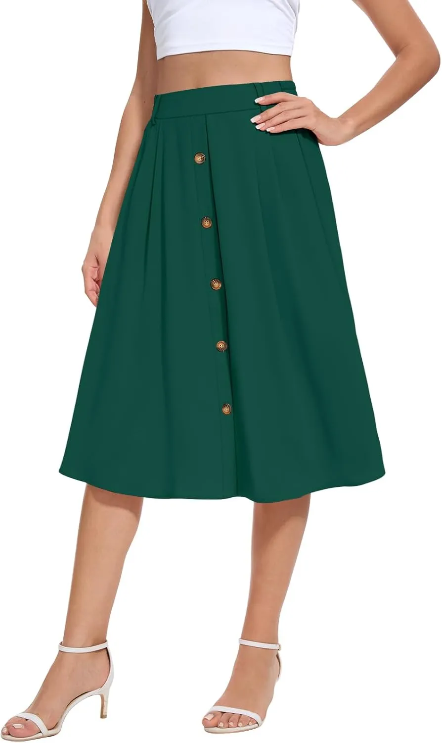 Yincro Women's Flowy Midi Skirt Summer Pleated High Waisted Casual Button Front Skirts with Pockets