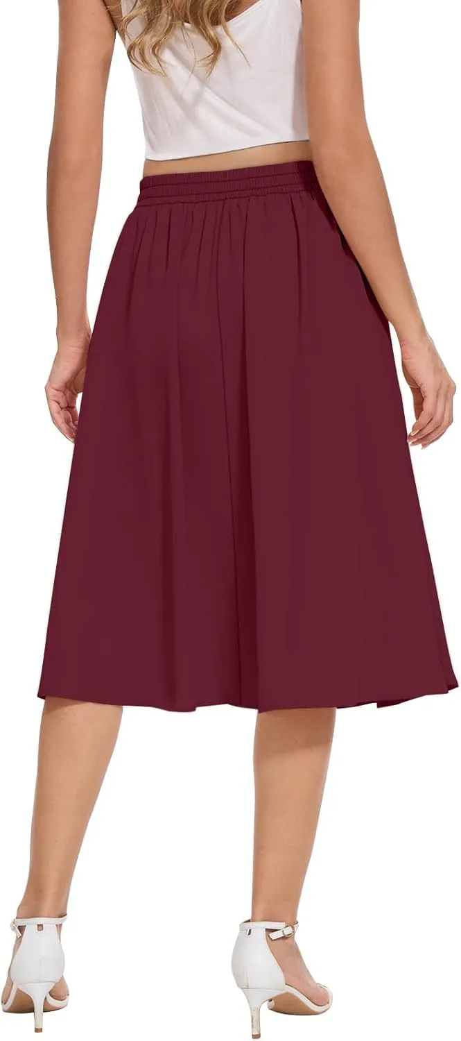 Yincro Women's Flowy Midi Skirt Summer Pleated High Waisted Casual Button Front Skirts with Pockets
