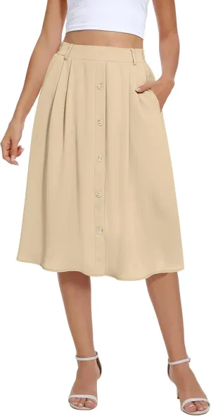 Yincro Women's Flowy Midi Skirt Summer Pleated High Waisted Casual Button Front Skirts with Pockets