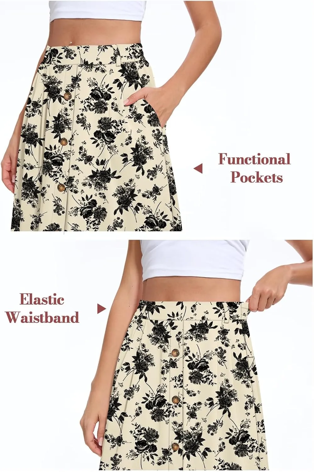 Yincro Women's Flowy Midi Skirt Summer Pleated High Waisted Casual Button Front Skirts with Pockets