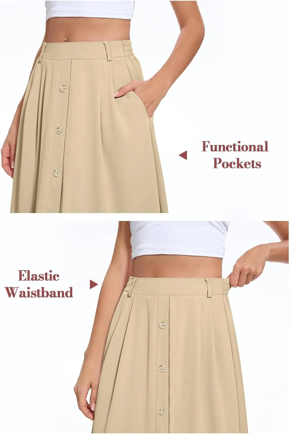 Yincro Women's Flowy Midi Skirt Summer Pleated High Waisted Casual Button Front Skirts with Pockets