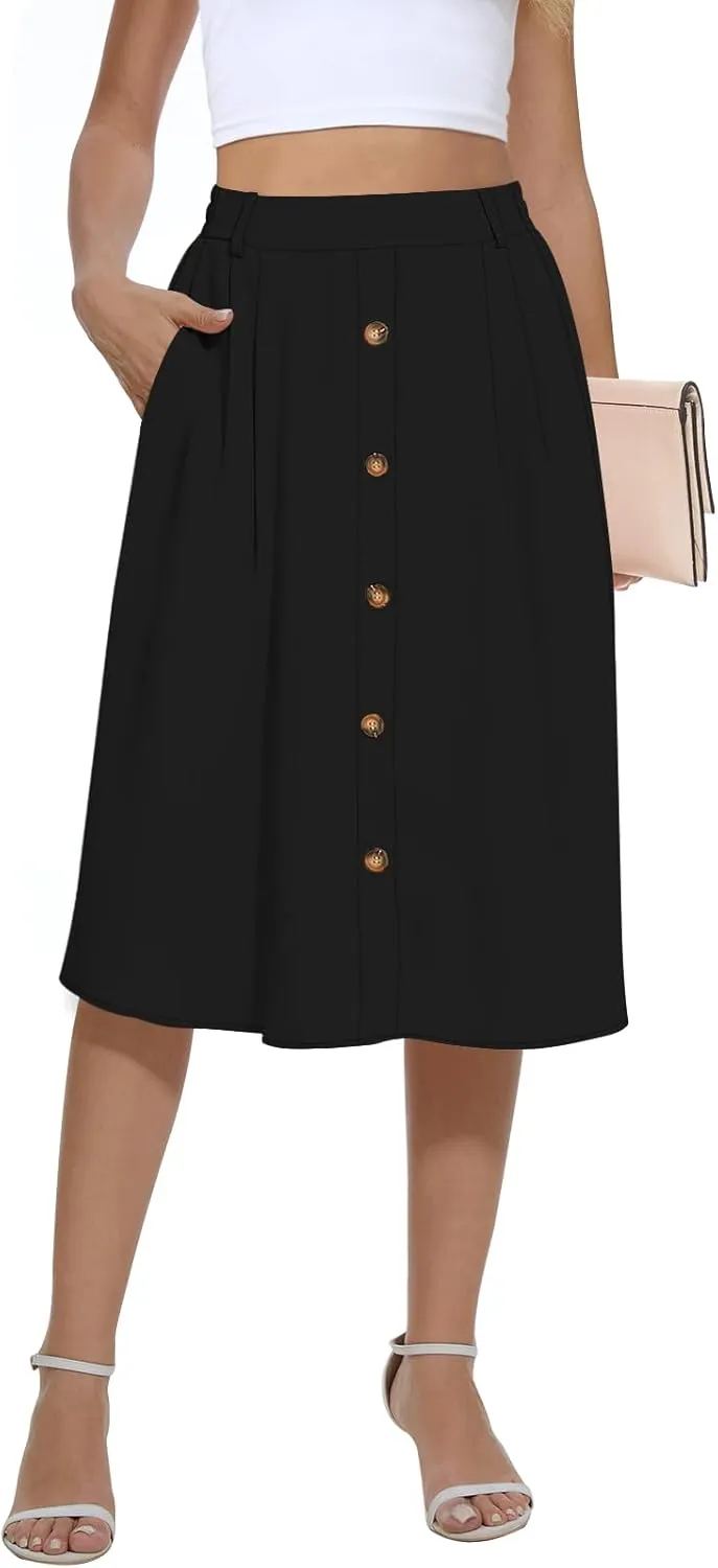 Yincro Women's Flowy Midi Skirt Summer Pleated High Waisted Casual Button Front Skirts with Pockets