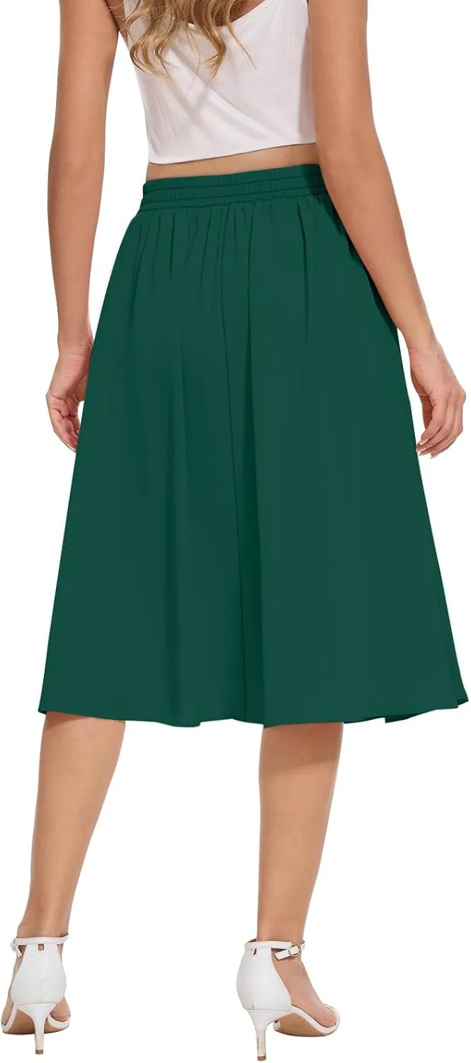 Yincro Women's Flowy Midi Skirt Summer Pleated High Waisted Casual Button Front Skirts with Pockets