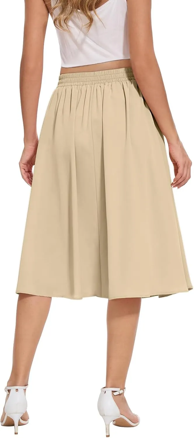 Yincro Women's Flowy Midi Skirt Summer Pleated High Waisted Casual Button Front Skirts with Pockets