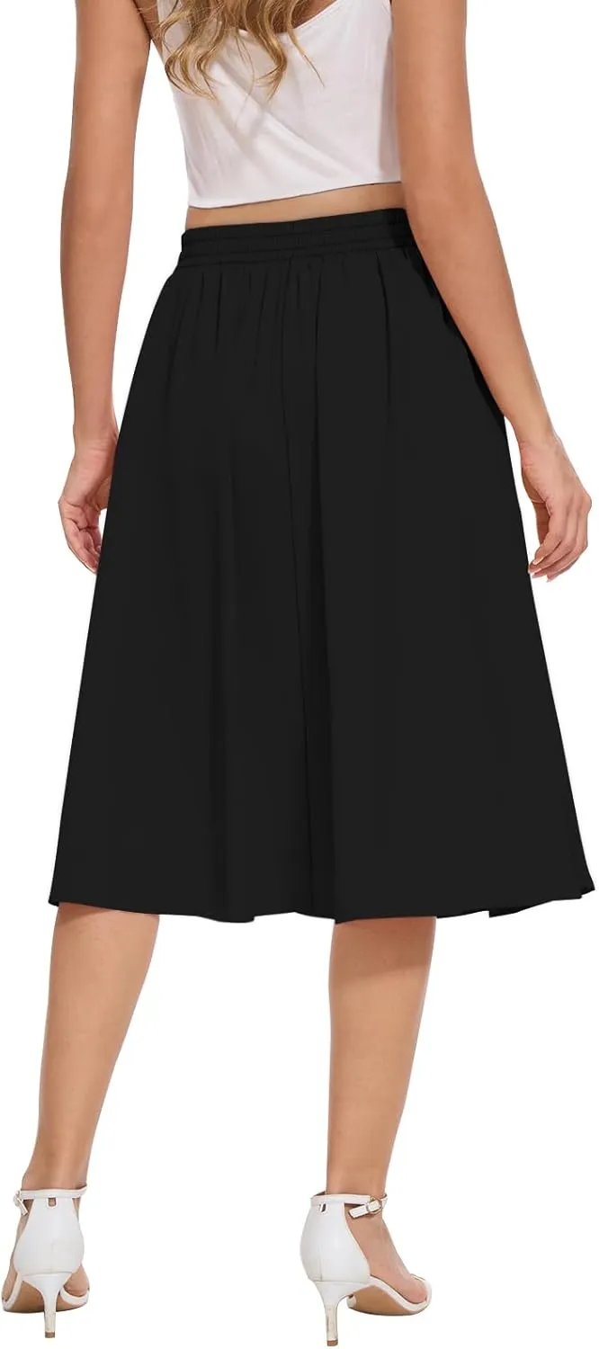 Yincro Women's Flowy Midi Skirt Summer Pleated High Waisted Casual Button Front Skirts with Pockets
