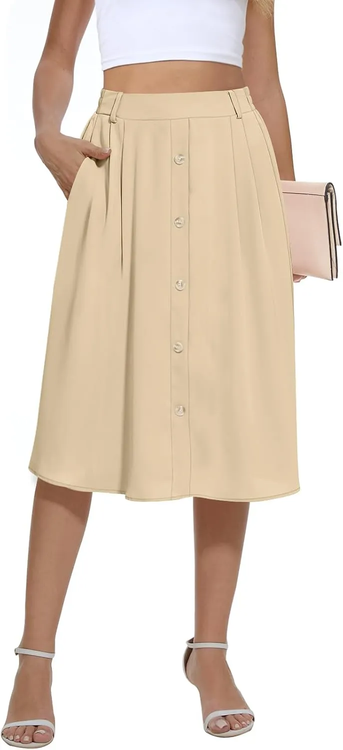 Yincro Women's Flowy Midi Skirt Summer Pleated High Waisted Casual Button Front Skirts with Pockets