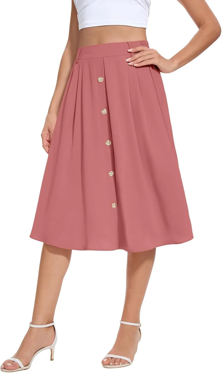 Yincro Women's Flowy Midi Skirt Summer Pleated High Waisted Casual Button Front Skirts with Pockets