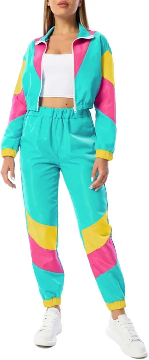 Yisfri Womens Color Block 2 Piece Windbreaker Outfits Long Sleeve Zip Front Crop Top Tracksuit Set