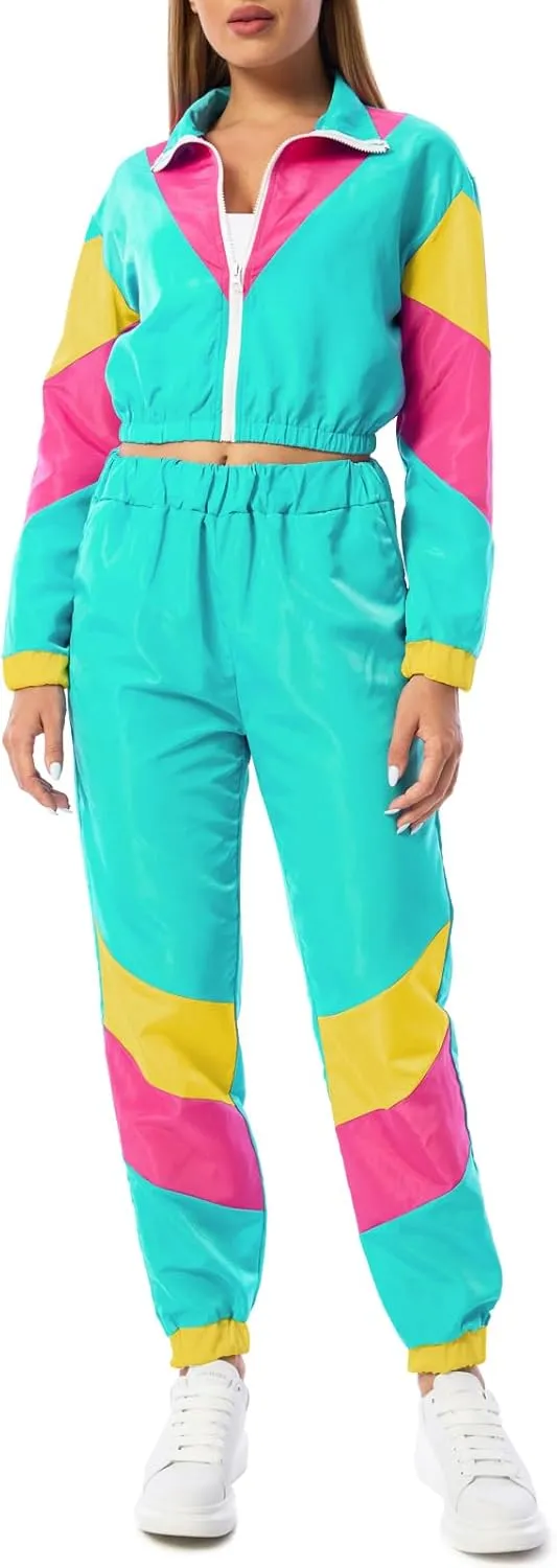 Yisfri Womens Color Block 2 Piece Windbreaker Outfits Long Sleeve Zip Front Crop Top Tracksuit Set