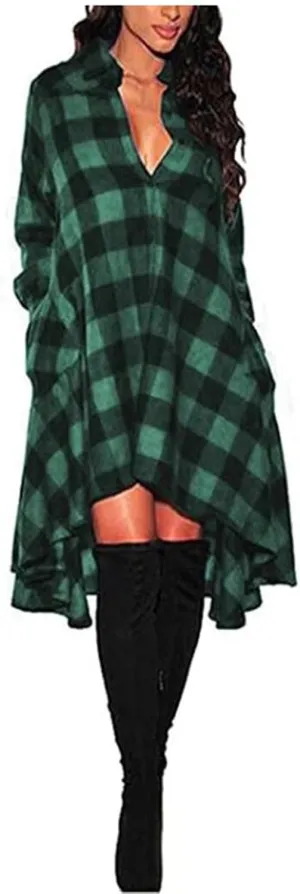 YMING Womens Plaid Checkered Dress Casual Asymmetrical Hem Shirt Midi Dress with Pockets