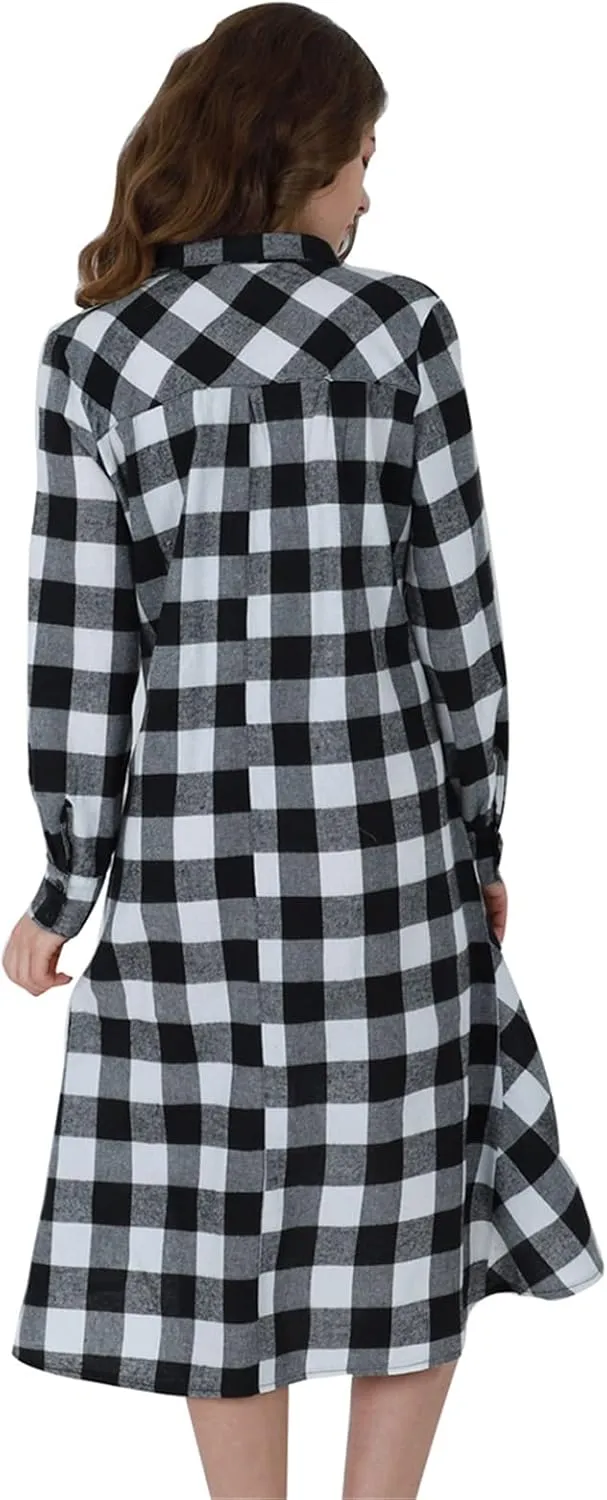 YMING Womens Plaid Checkered Dress Casual Asymmetrical Hem Shirt Midi Dress with Pockets