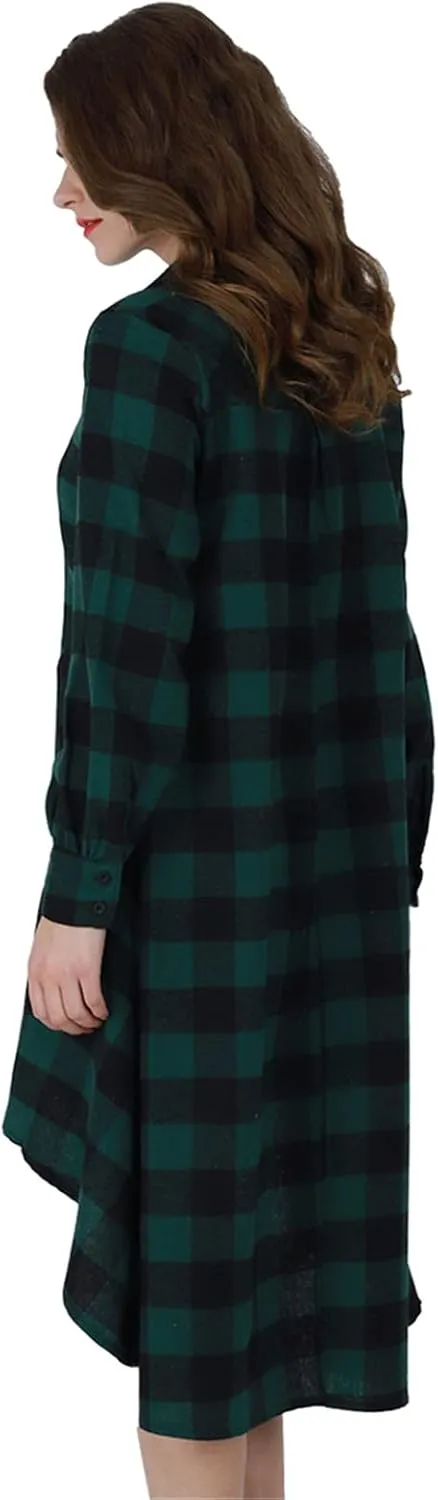 YMING Womens Plaid Checkered Dress Casual Asymmetrical Hem Shirt Midi Dress with Pockets