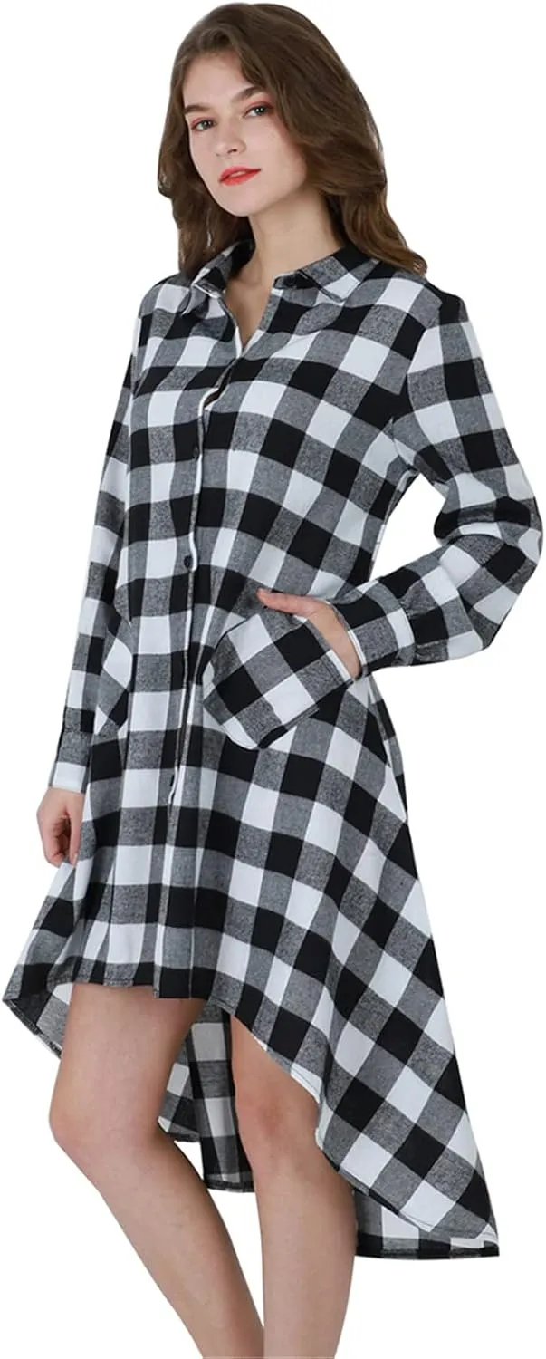 YMING Womens Plaid Checkered Dress Casual Asymmetrical Hem Shirt Midi Dress with Pockets