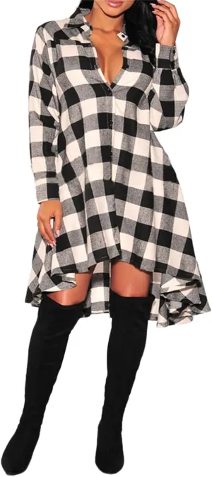 YMING Womens Plaid Checkered Dress Casual Asymmetrical Hem Shirt Midi Dress with Pockets
