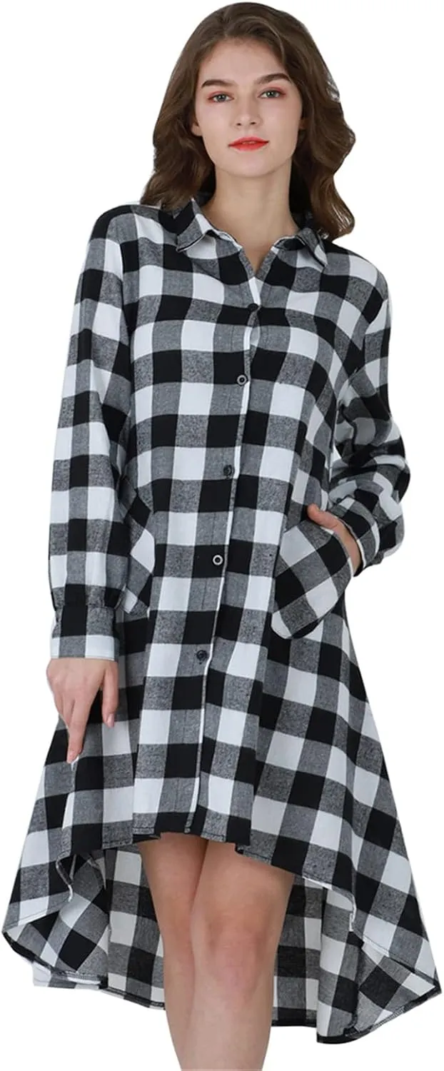 YMING Womens Plaid Checkered Dress Casual Asymmetrical Hem Shirt Midi Dress with Pockets