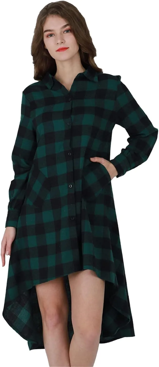 YMING Womens Plaid Checkered Dress Casual Asymmetrical Hem Shirt Midi Dress with Pockets