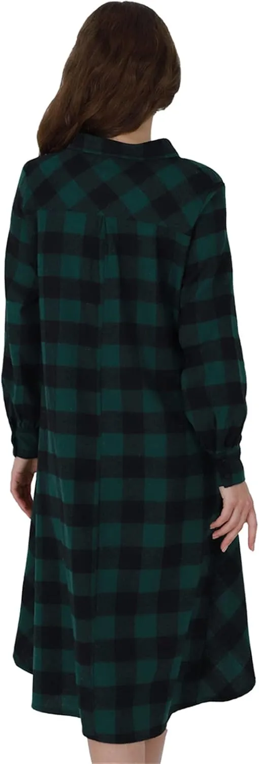 YMING Womens Plaid Checkered Dress Casual Asymmetrical Hem Shirt Midi Dress with Pockets