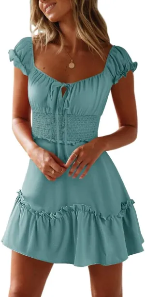 Yobecho Womens Summer Ruffle Dress High Waist Solid Color Sweetheart Neck Mini Dress S-green X-Large