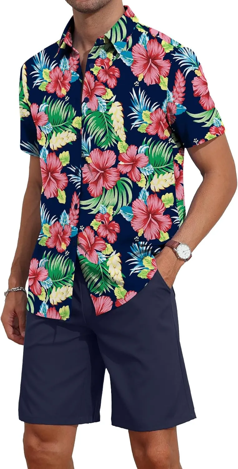 YTD Men's 2 Piece Outfits Tropical Print Short Sleeve Button Down Hawaiian Shirt and Beach Shorts Set