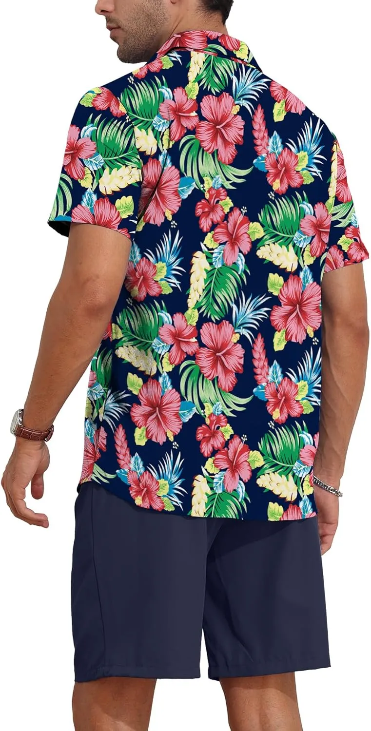 YTD Men's 2 Piece Outfits Tropical Print Short Sleeve Button Down Hawaiian Shirt and Beach Shorts Set