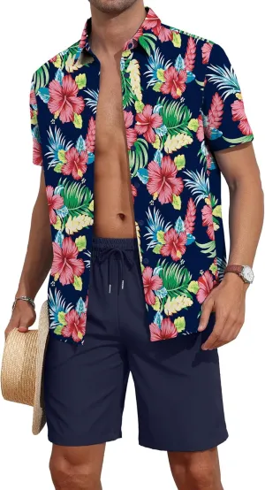 YTD Men's 2 Piece Outfits Tropical Print Short Sleeve Button Down Hawaiian Shirt and Beach Shorts Set