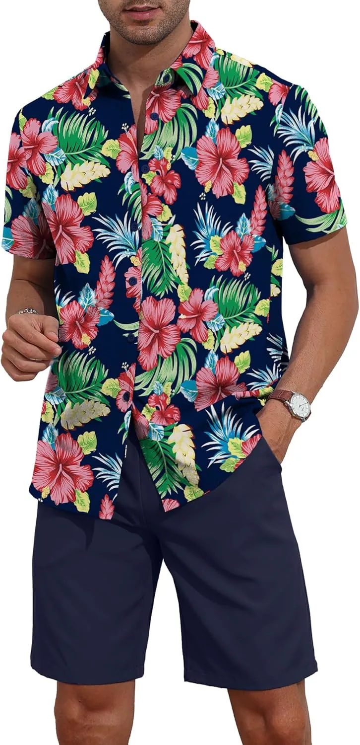 YTD Men's 2 Piece Outfits Tropical Print Short Sleeve Button Down Hawaiian Shirt and Beach Shorts Set