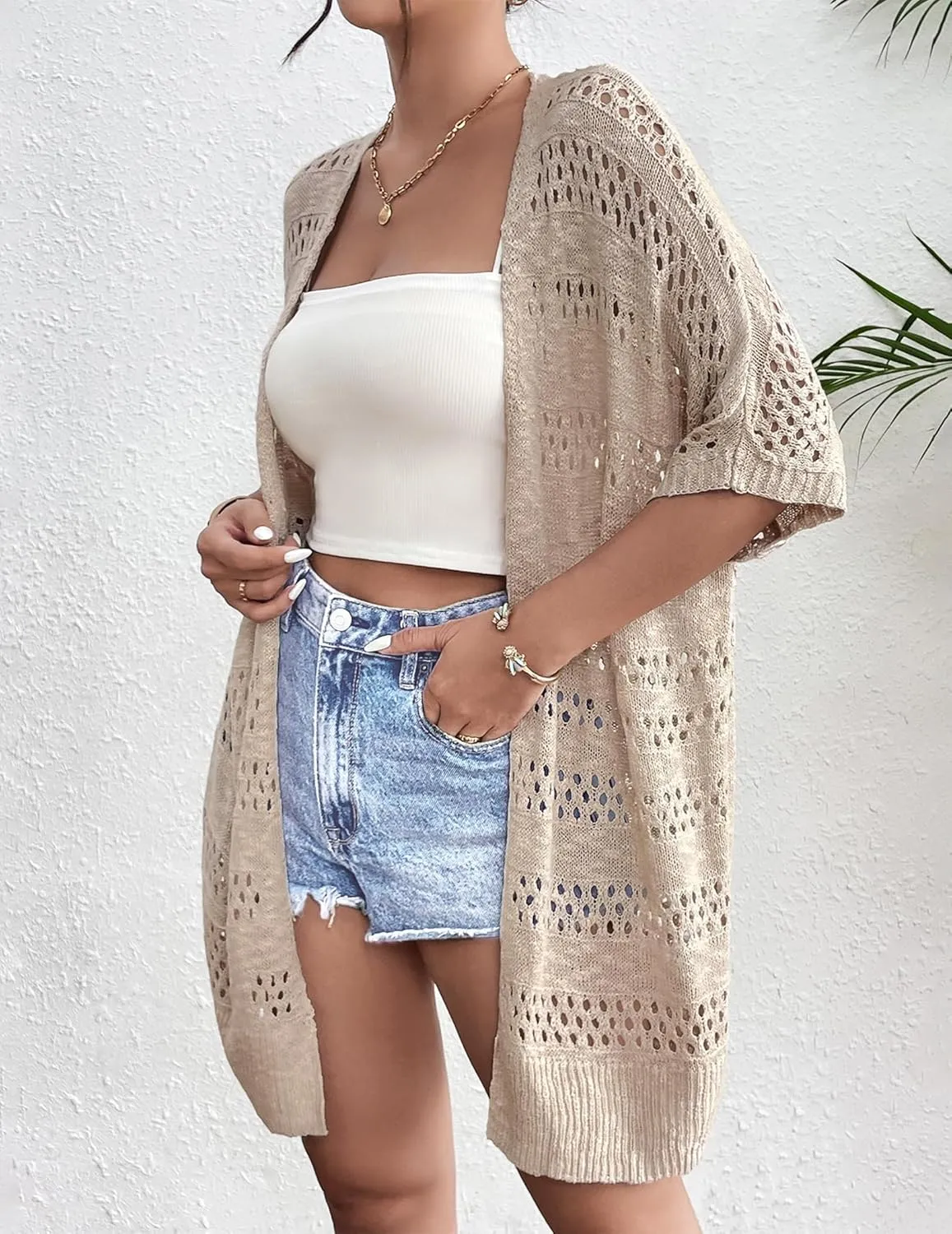 Zeagoo Lightweight Summer Crochet Cardigan for Women Short Sleeve Kimono Boho Oversized Open Front Knitted Cardigan