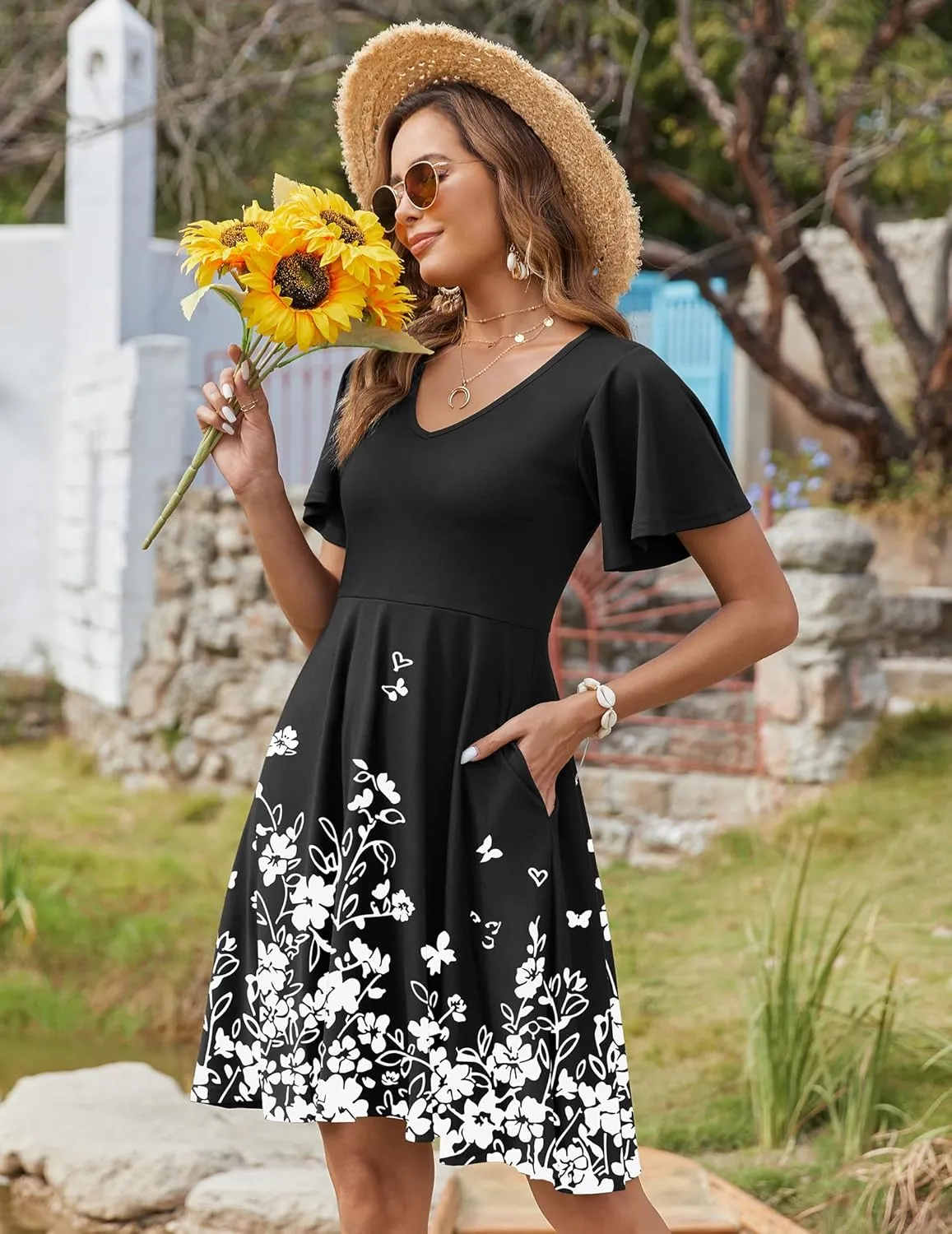 Zeagoo Womens Summer Dress Casual Swing Floral Ruffle Short Sleeve Sundresses Beach Mini A-line Shift Dress 2025 with Pockets