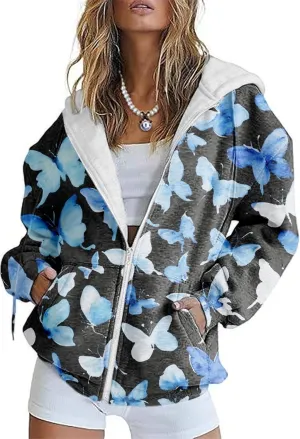 Zip Up Hoodie Women Butterfly Printed Oversized Hooded Sweatshirt Y2K Outwear Jacket Coat for Girls Fall Winter