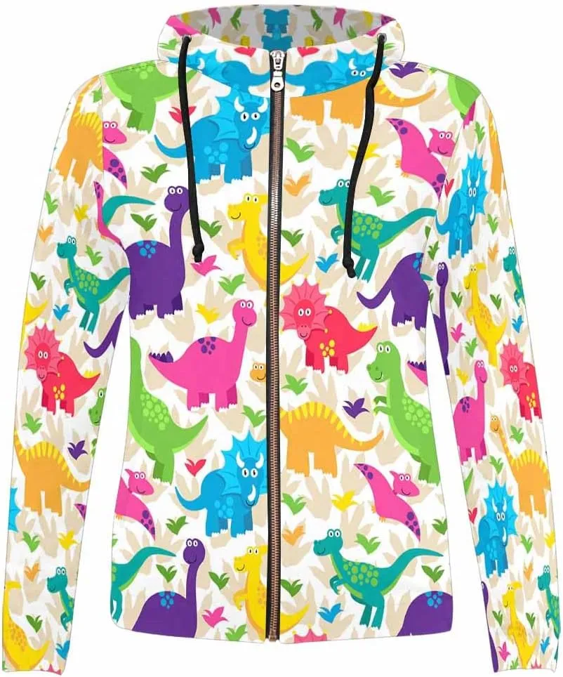 Zip Up Hoodie Women Cute Cartoon Dinosaurs Womens Drawstring Hoodies Long Sleeve Oversized Sweatshirts Jacket