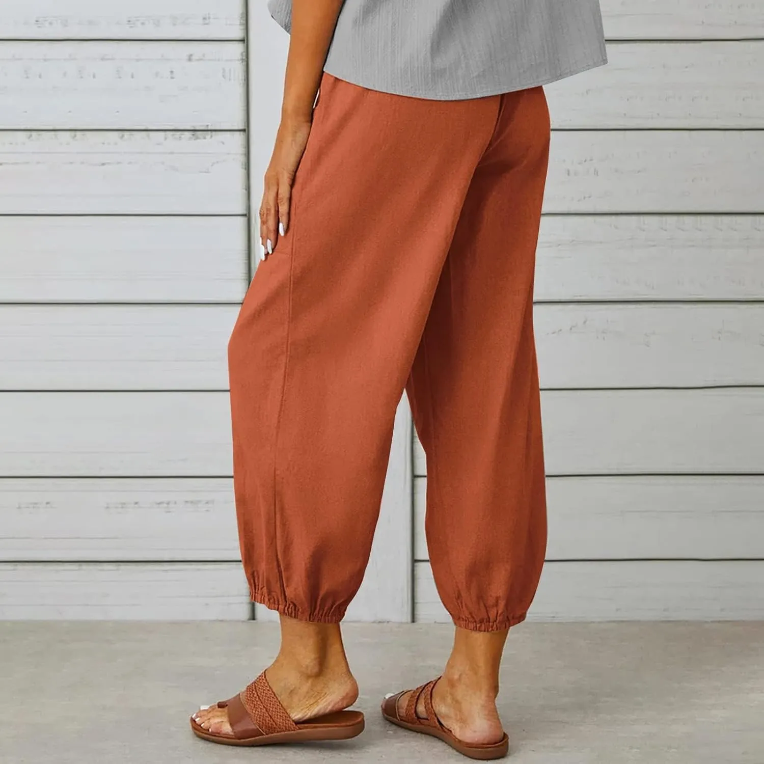 ZOCANIA Cotton Linen Pants for Women High Waisted Drawstring Summer Comfy Flowy Casual Loose Beach Pants with Pockets