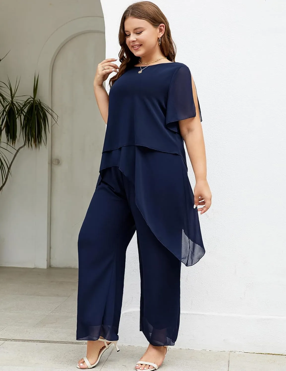 ZOMVA Plus Size Dressy Chiffon Pant Suit 2 Piece for Wedding Mother of The Bride Groom Formal Set Elegant Outfit